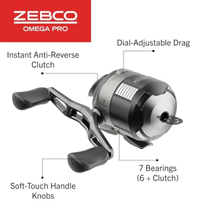 Zebco Omega Pro Spincast Fishing Reel, Dual Ceramic Pick-up Pins, Solid-Brass Pinion Gear, GlideLine ll Line Retrieval System, Pre-Spooled - size: 20 (Clam Pack)