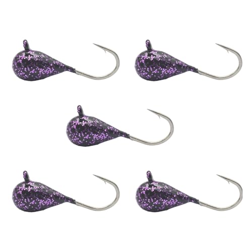 Tungsten Ice Fishing Jig Set Ice Fishing Lures, Max Sensitive Tungsten Tear Drop Ice Jig Head Hook for Panfish, Crappie, Walleye, Perch, Trout, Bluegill - color: Black Purple Glitter, size: 5MM, 1/15 OZ