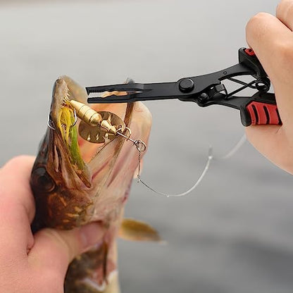 mouhike Fishing Pliers Fish Lip Gripper Fishing Tool Kit Muti-Function Saltwater Fishing Line Cutter Hook Remover with Sheath Lanyard, Fly Ice Fishing Gear Fishing Gifts for Men Women - color: Red & Black
