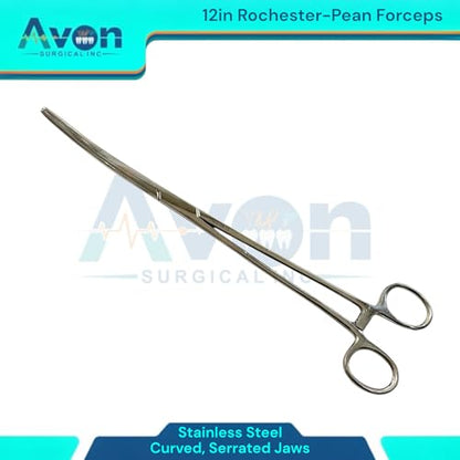 12inch Rochester-Pean Hemostat Forceps, Curved with Serrated Jaws - Lock-Ratcheting - Multi-Use, for Fishing, Veterinary, Crafts, and More - Stainless Steel (1 Each)