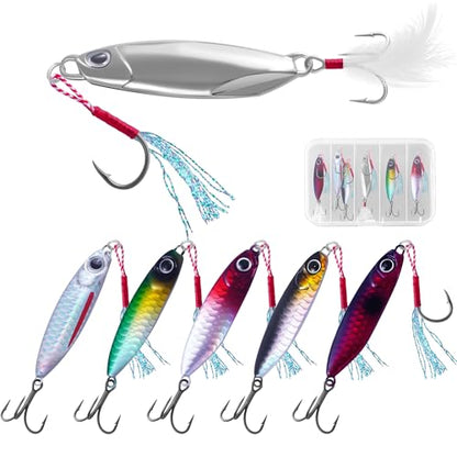 6Pcs Saltwater Fishing Lures with Box, Reflective Jigs Spoon Lure with Ultra-Sharp Treble Hooks, Ocean Salt Water Lures for Tuna, Salmon, Grouper, Snapper, Trolling & Jigging