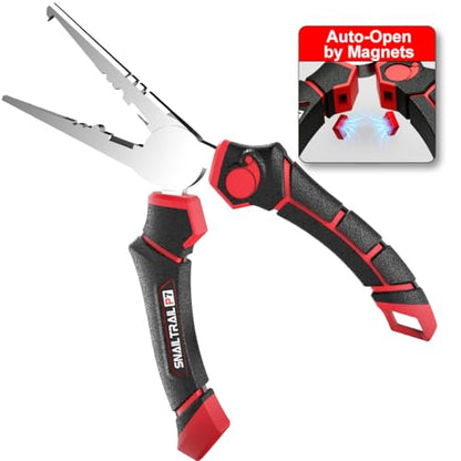 SNAIL TRAIL 7'' Fishing Pliers, Angled Head Split Ring Pliers, Auto-Open by Magnets, Corrosion Resistant Fish Hook Remover, Saltwater Crimping Shot & Wire Cutter Tool - style: Pliers