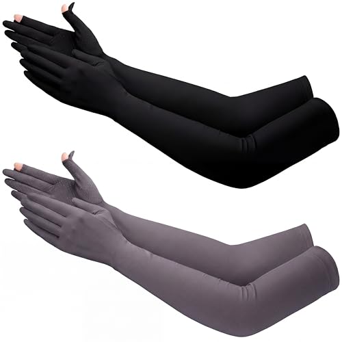 Jecery 2 Pairs UV Long Sun Gloves Women's Sunblock Driving Gloves Non Slip Full Finger Arm Sun Protective for Outdoor Sports - color: Black,deep Gray