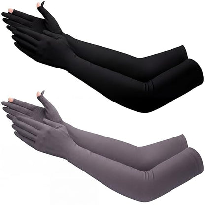 Jecery 2 Pairs UV Long Sun Gloves Women's Sunblock Driving Gloves Non Slip Full Finger Arm Sun Protective for Outdoor Sports - color: Black,deep Gray