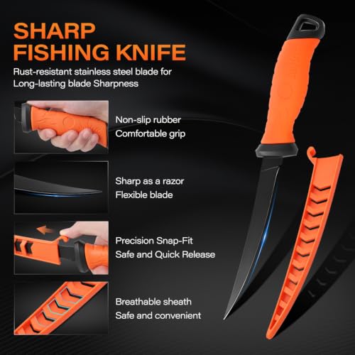 Fishing Tool Kit, Fishing Accessories with Fillet Knife, Fish Hook Remover, Fishing Pliers with Lanyard, Fish Lip Gripper, Fishing Braid Scissors, Tool Retractor