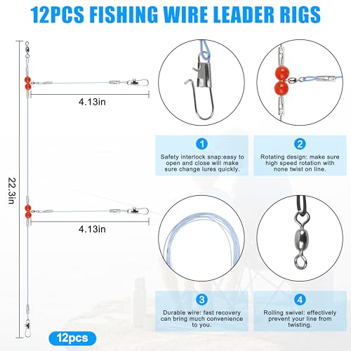 Saltwater Surf Fishing Tackle Kit - Saltwater Surf Fishing Rigs Bottom Rigs Include Fishing Leader Rigs Pyramid Sinkers Bass Casting Sinker Circle Hooks for Striped Bass Red Drum Flounder - color: Blue