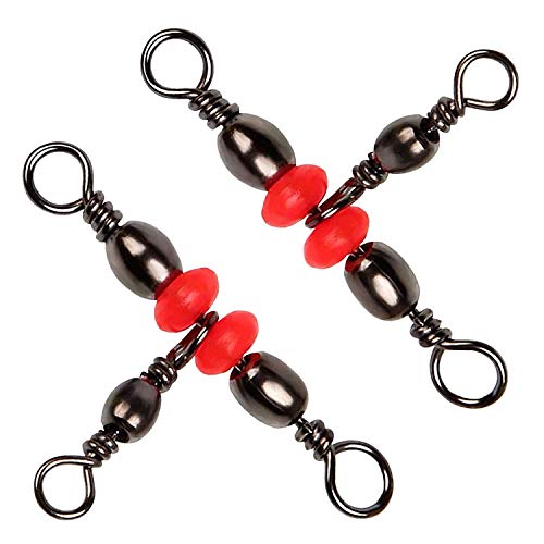 SILANON 3 Way T-Turn Barrel Swivels Fishing Tackle,40pcs Brass Barrel Triple Swivel Cross Line 3 Way Barrel Fishing Connector with Red Fishing Beads for Freshwater Saltwater Test 20-100LB - size: 4*6# 40pcs