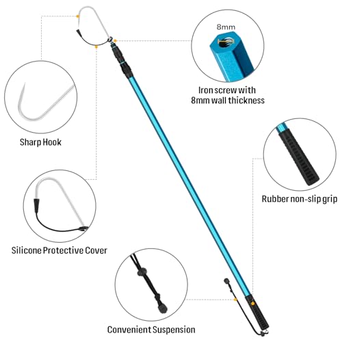 SANLIKE Telescopic Fishing Gaff, Aluminum Pole, Stainless Steel M8 Hook | Ultralight 4.62oz aluminum telescopic gaff (11.4"-24") with nonslip rubber handle, sharp stainless hook & safety lanyard - color: Blue, size: XL-Extended 141.54"