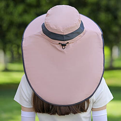 HUAMULAN Women Large Brim Sun Hat with Neck Flap, Men Quick Dry Hiking Fishing Safari Hat UPF 50+ - color: Hyp011-pink