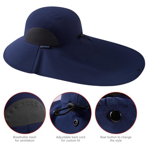UPF 50+ Foldable Sun Hats Wide Brim with Large Neck Flap for Men Women UV Protection Gardening Fishing Beach Hat - color: Navy Blue