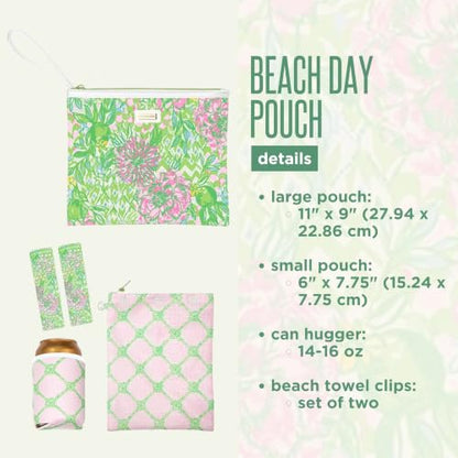 Lilly Pulitzer Water Resistant Vinyl Beach Day Pouch, Zipper Bag Includes Drink Hugger, Small Pouch, and Towel Clips - color: Lime Feeling Good