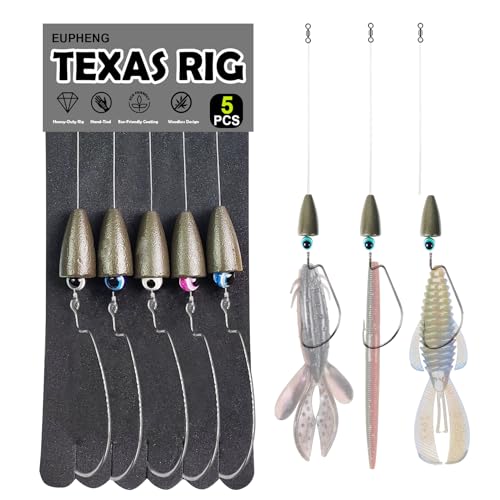 Eupheng Texas Rigs for Bass Fishing, Pre-Rigged Leader Line with Weights Hooks Barrel Swivel Kit Fishing Ready Texas Rig for Bass Perch 5PCS - size: #3/0 Hooks-3/8 oz Weight-5pcs