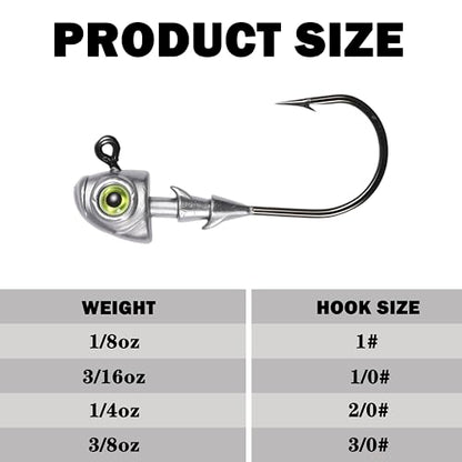 Swimbait Jig Heads Fishing Jigs Swim Bait Jighead with Two Bait Keepers and 3D Eyes 1/8 3/16 1/4 3/8 1/2oz Jigheads Freshwater Saltwater Fishing - size: Assorted