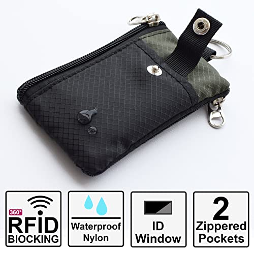CHENSPRX Minimalist RFID Blocking Small Wallet with ID Window,WaterResistant Zip Id Case Wallet with Lanyard Keychain for Cards,Cash,Travel,Women,Men - color: Black+Army Green