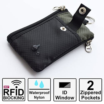 CHENSPRX Minimalist RFID Blocking Small Wallet with ID Window,WaterResistant Zip Id Case Wallet with Lanyard Keychain for Cards,Cash,Travel,Women,Men - color: Black+Army Green
