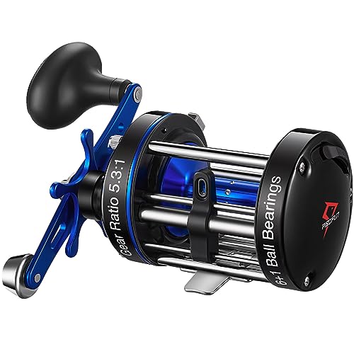 Piscifun Chaos XS Baitcasting Fishing Reel, Reinforced Metal Body Round Baitcaster Reel, Smooth Powerful Saltwater Inshore Surf Trolling Reel, Conventional Reel for Catfish, Musky, Bass, Pike - color: Blue, style: 60 Right Hand Retrieve
