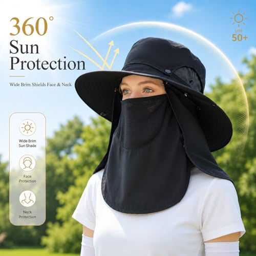 Sun Hat Unisex Face Coverage Shield Neck Flap Cap Garden Lawn Work Sports Hiking Fishing Hats - color: Kcl015-black