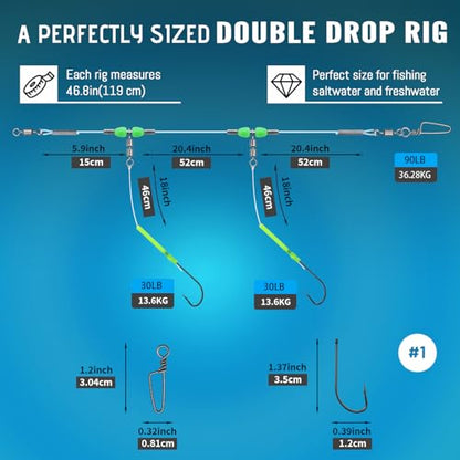 Narcissus 5PCS Sea Fishing Rigs, Pre-Tied Flapper with Size 1/0 & 2/0 Hooks, Anti-Tangle Snap, 1-3 Hooks, Gaps (45cm, 52cm, 80cm), Ready for Beach Fishing - color: 5pcs- 2 hooks- size 1- 52cm gap