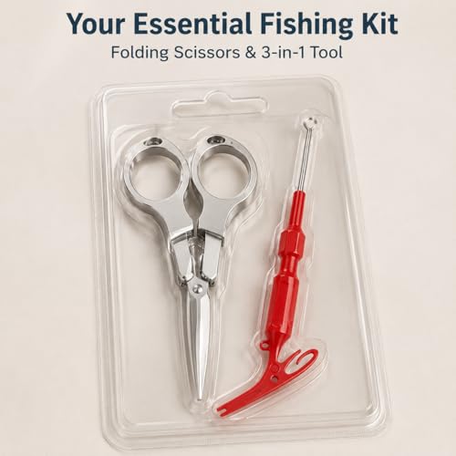 predolo Foldable Fishing Scissors, Stainless Steel Braided Line Cutter, Anti Rust Fishing Line Scissors for Tackle Box, Pocket Portable, Three3-in-1 knotting and hook - style: Three3-in-1 knotting and hook