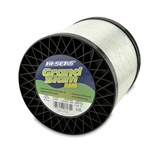 HI-SEAS Grand Slam Monofilament Fishing Line - Strong & Abrasion Resistant in Clear, Pink, Green, Smoke Blue, Fluorescent Yellow Freshwater & Saltwater - 5 lb Spool - color: Clear, style: 100 Lb Test, 1.00 Mm Dia, 2675 Yd