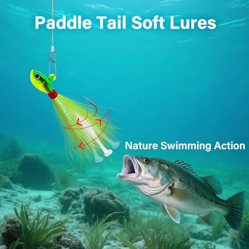 Dr.Fish 3 Pack Bucktail Jigs with Paddle Tail Swimbait Trailer, Saltwater Fishing Hair Jigs Buck Tail Lure White Surf Fishing Mackerel Flounder Bluefish Snapper - color: White, size: 2oz-Hook 7/0