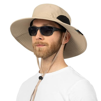 SUN CUBE Wide Brim Sun Hat for Men & Women, UPF 50+ UV Protection, Mesh Boonie Hat with Chin Strap, Fishing Hiking Hat - color: Tan