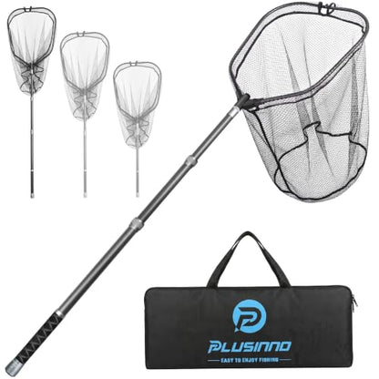 PLUSINNO Large Fishing Net, 3.4-7.7 FT Carbon Fiber Fish Net with Long Telescoping Handle, Kayak Fishing Gear Accessories Foldable Landing Net for Bass, Trout, Catfish, Fishing Gifts for Men Father - size: 6.4 FT (76.8") Full Length