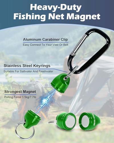 Magnetic Net Release for Fly Fishing, Aluminum Magnetic Quick Release Keychain, Fly Fishing Net Magnet Holder Retractor with Carabiner - color: GREEN-2PC