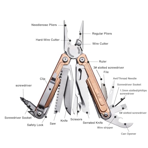 SQT2048-C 20-in-1 Multitool Pliers, Stainless Steel Multi Tool with Safety Lock, Pocket Clip, Foldable EDC Tool for Outdoor Camping Hiking Fishing Repair,Gift for Men, Rose Gold - style: SQT2048-C