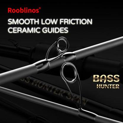 ROOBLINOS BASS Hunter 6.9ft Casting Spinning Freshwater Saltwater Rod Heavy Power Fast Action Fishing Pole 2-Piece Black Lightweight Sensitive Graphite Rod for Bass & Pike Lake River Boat Fishing