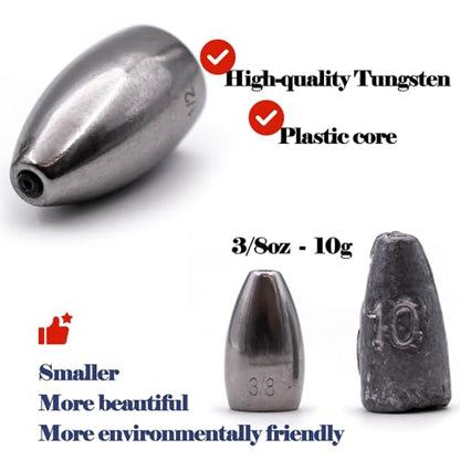 FishTrip 10Pcs Tungsten Bullet Weights Sinkers for Texas Rig Bass Fishing | Worm Weights for Carolina Rig, Flipping Slip Sinker Sliding Weights Lead Fishing Weights Saltwater Freshwater 1/16oz-1/2oz - size: 1/8 oz