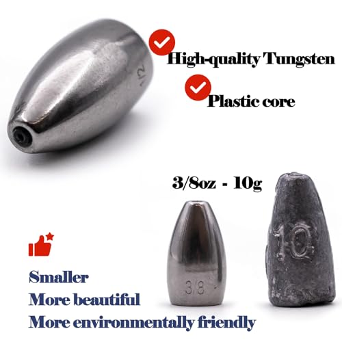 FishTrip 10Pcs Tungsten Bullet Weights Sinkers for Texas Rig Bass Fishing | Worm Weights for Carolina Rig, Flipping Slip Sinker Sliding Weights Lead Fishing Weights Saltwater Freshwater 1/16oz-1/2oz - size: 3/8 oz