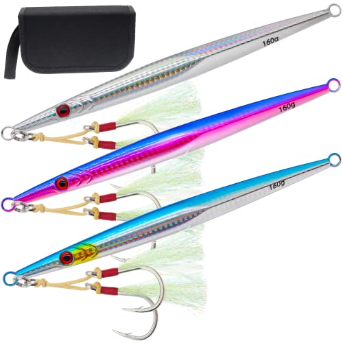 3pcs Saltwater Vertical Fishing Jigs Metal Jigging Spoon | Speed Fast Deep Sea Jigging Fishing Lures Luminous Lead Jigs with Assist Hooksfor Tuna Bass Dogtooth Grouper(5.29oz/5.64oz) - color: C-speed fast sinking fishing jigs 5.64oz