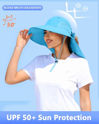 Womens Sun Hat Outdoor UV Protection Wide Brim Fishing Hat with Ponytail Hole Neck Flap for Beach Hiking Camping - color: Sky Blue