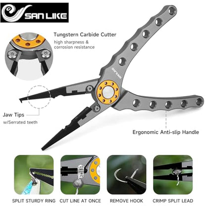 SANLIKE Aluminum Fishing Pliers Hook Remover Tungsten Carbide Braid Cutters | Tungsten Carbide Cutters Saltwater Resistant with Coiled Lanyard & Sheath - color: Gray
