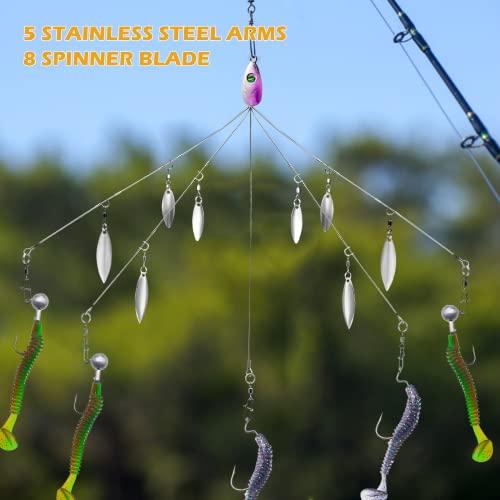 5 Arms Alabama Rigs for Bass Fishing, Swimbait Lure Kit Umbrella Rigs with 4 Willow Leaf Blades for Trout Salmon Freshwater Saltwater - color: 8 Blades-2pcs