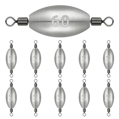 Polsefve Inline Trolling Fishing Weights with Inner Swivels, Oval Drop Casting Sinkers Lead Sinker Tackle for Catfish Bass Saltwater & Freshwater Bottom Fish(10g/15g/20g/30g/40g/60g) - color: 21/8oz-10pcs