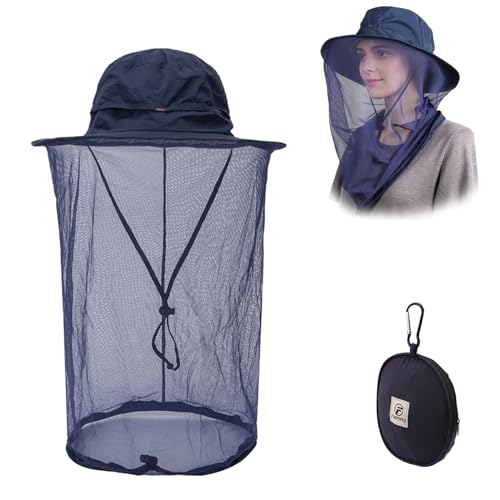 Flammi Mosquito Net Hat Safari Hat UPF 50+ Sun Protection Boonie Hats for Men with Neck Flap Fishing Hiking Hat for Men/Women - color: Navy Blue