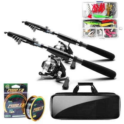 Fishing Pole and Reel Combo - 2PCS Carbon Fiber Telescopic Rods Spinning Reels Saltwater/Freshwater Kit with Lures, Line and Carrier Bag, Travel Fishing Gear for Adults - size: 6.89 FT