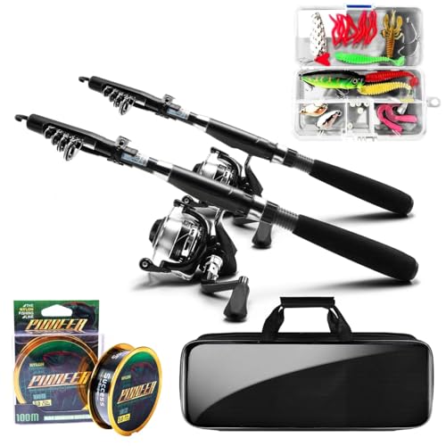 Fishing Pole and Reel Combo - 2PCS Carbon Fiber Telescopic Rods Spinning Reels Saltwater/Freshwater Kit with Lures, Line and Carrier Bag, Travel Fishing Gear for Adults - size: 6.89 FT