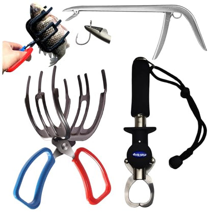 3-Piece Fish Gripper Tool Kit – 3-Claw Fish Gripper, Stainless Steel Hook Remover & Fish Lip Gripper with 33LB Scale & 35" Measuring Tape – Corrosion-Resistant for Freshwater & Saltwater