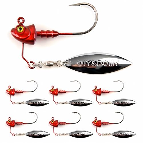 6-Pack Underspin Jig Heads with 100% Brass Blade (Never Rust) - 3/16oz, 1/4oz, 3/8oz, 1/2oz - Bass & Saltwater Fishing - color: Red, size: 1/4oz