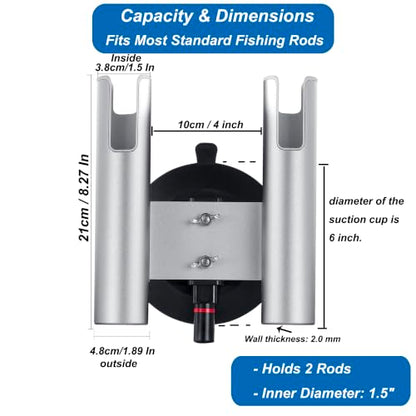 2-Rod No-Drill Aluminum Rack Vacuum Fishing Rod Holder with 300LB | for Boat Truck Wall Glass ，Removable Quick-Release Suction Mount – Installs in Seconds. No tools.