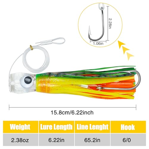 Saltwater Fishing Lures 6/9inch Trolling Lures for Marlin Mahi Tuna Dolphin Shark Big Game Deep Sea Fishing Baits Squid Skirts Rigged Hooks Ocean Gear Tackle - color: Yellow-1pcs, size: 6inch