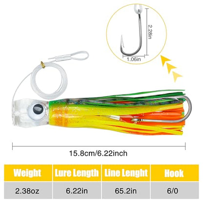 Saltwater Fishing Lures 6/9inch Trolling Lures for Marlin Mahi Tuna Dolphin Shark Big Game Deep Sea Fishing Baits Squid Skirts Rigged Hooks Ocean Gear Tackle - color: Yellow-1pcs, size: 6inch
