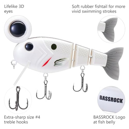 BASSROCK Topwater Fishing Lures for Bass Pike Salmon Floating Swimbait Jointed Crankbait Freshwater Saltwater 4.9in/1.76oz RK1001 - color: White Shad, size: 4.9in/1.76oz