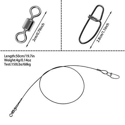Fishing Wire Leaders Saltwater, 15pcs Heavy Duty 150LB Stainless Steel Line Leaders with Rolling Swivels and Snaps Nylon-Coated Saltwater Line Wire Leader Connect Tackle Lures Rig or Hooks 19.7inch - color: Black