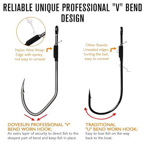 Dovesun Weedless Worm Hooks, Straight Shank Wacky Rig Hooks, 30 Pack | 4X Strong High-Carbon Steel, Texas Rig Hooks, Baitholder Nylon Wire Wrap or Wire Weed Guard, Sizes 1/0-3/0, Bass Fishing - size: 2/0 * 30PCS, style: Professional "V" Hook With Baitkeep