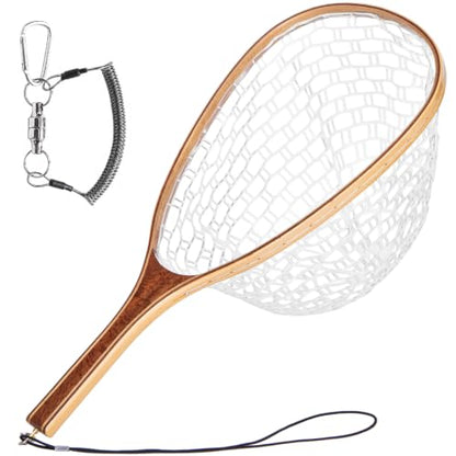 Wooden Fly Fishing Landing Net with Clear Soft Rubber Netting, Floating Trout Net, Magnetic Quick Release Buckle, Anti-Loss Rope, 10.4 x 15 in Hoop, 23.6 in Length, 0.75 lb