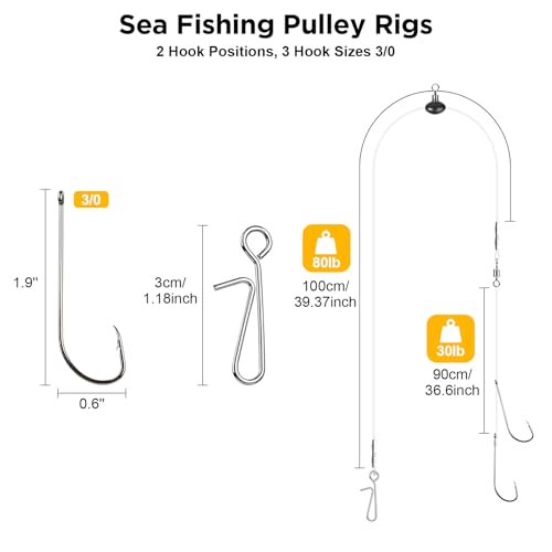 DONQL 5pcs Sea Fishing Rigs, Pre Tie Flapper Pulley Rigs Double Hooks, Deep Drop Snapper Rig for Beach Casting Shore Fishing Flounder Halibut Whiting Striped, 3 Size Available1/0, 2/0, 3/0